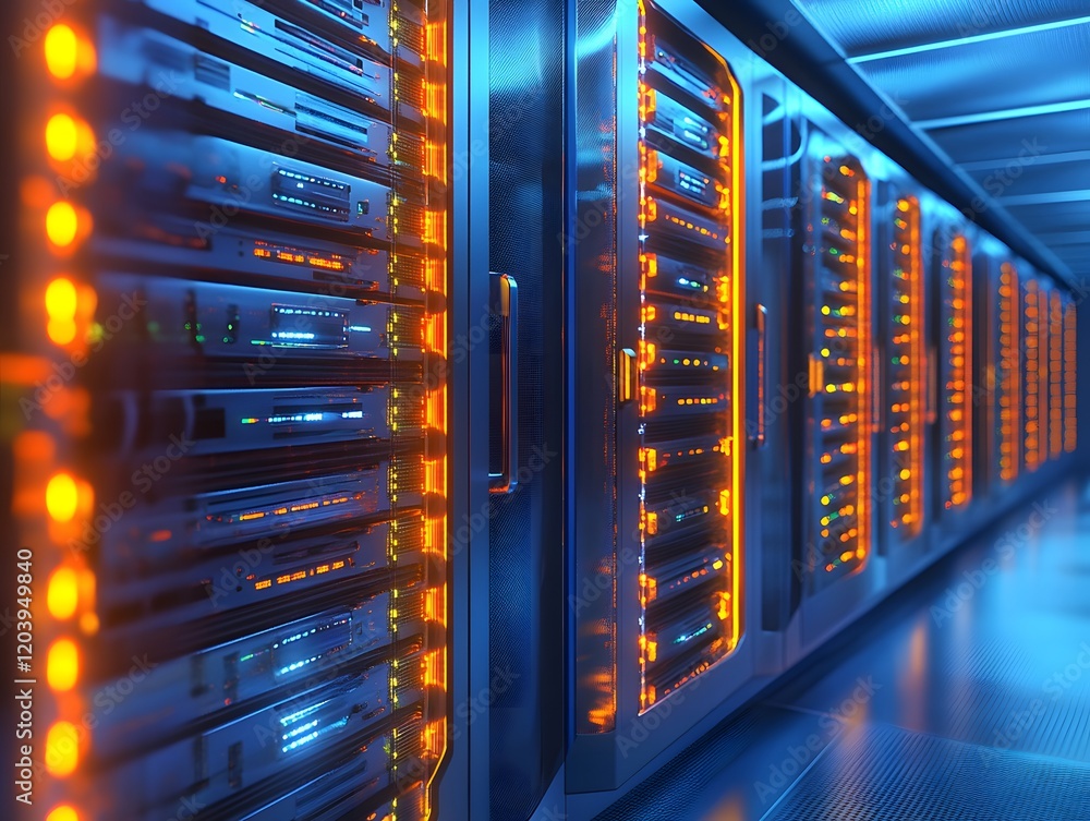 Poster futuristic data center with illuminated server racks showcasing advanced technology and digital infr