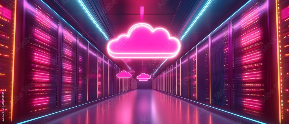 Poster futuristic data center with neon lights and cloud symbols representing digital storage and connectiv
