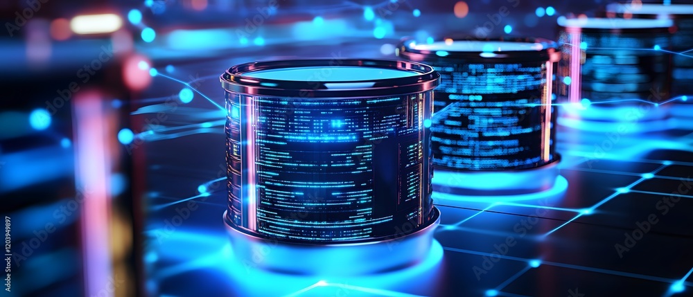 Poster futuristic data storage server in a digital environment with glowing connections and advanced techno