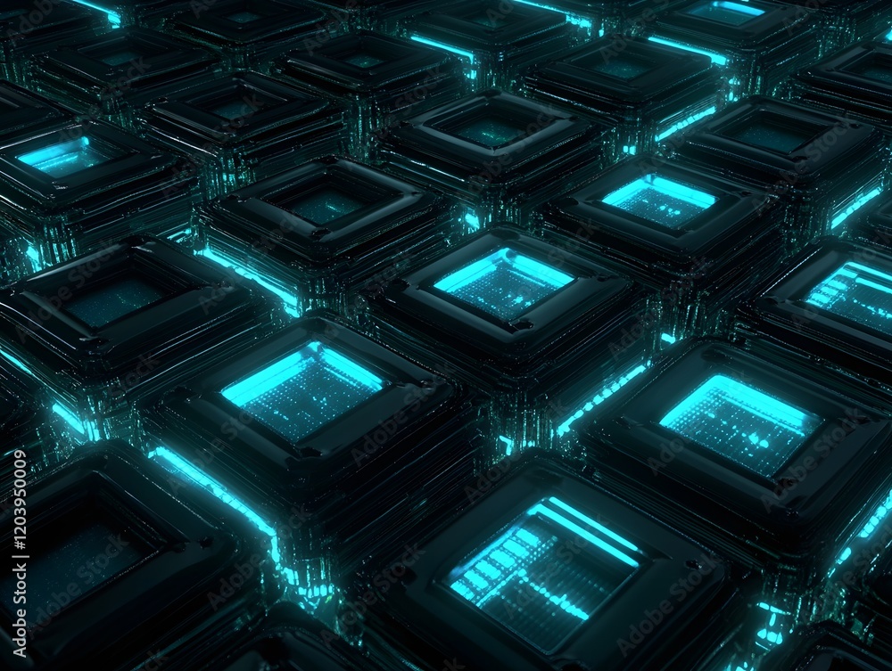 Poster futuristic glowing microchips arranged in a structured pattern, representing advanced technology and