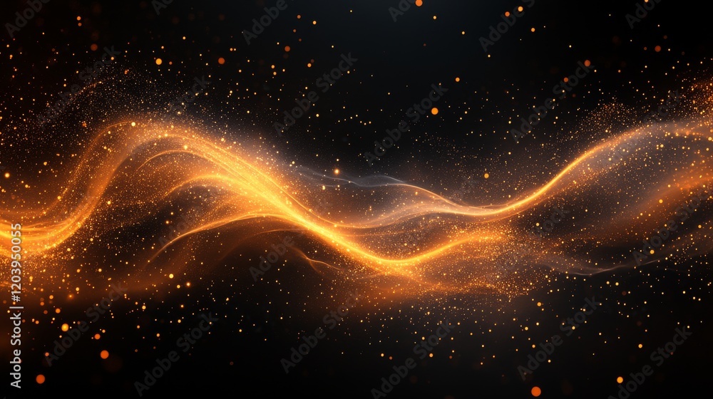 Poster abstract golden waves of light with sparkling dots on dark background creating a sense of motion and