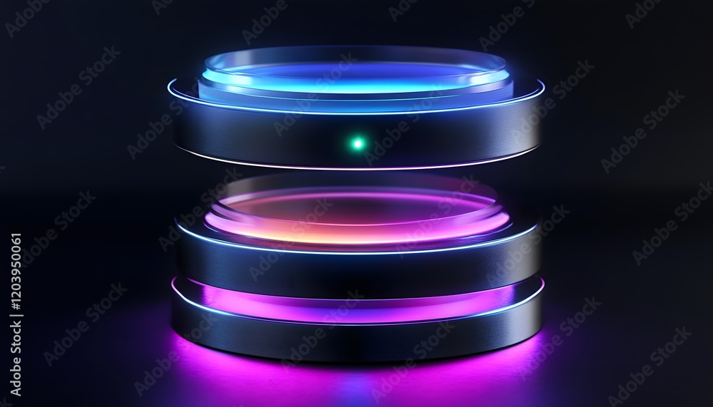 Poster futuristic illuminated technology display featuring layered circular elements glowing in vibrant col