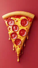 Colorful food emoji of a pepperoni pizza slice with dripping cheese on red