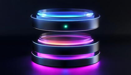 Futuristic illuminated technology display featuring layered circular elements glowing in vibrant colors against a dark background. Ideal for tech-related concepts and innovations.