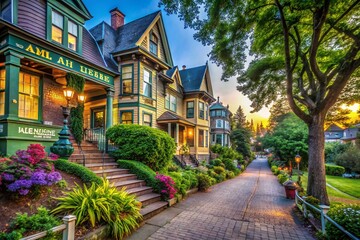 Obraz premium Queen Anne Hill Street Scene: Victorian Architecture and Cobblestone Street
