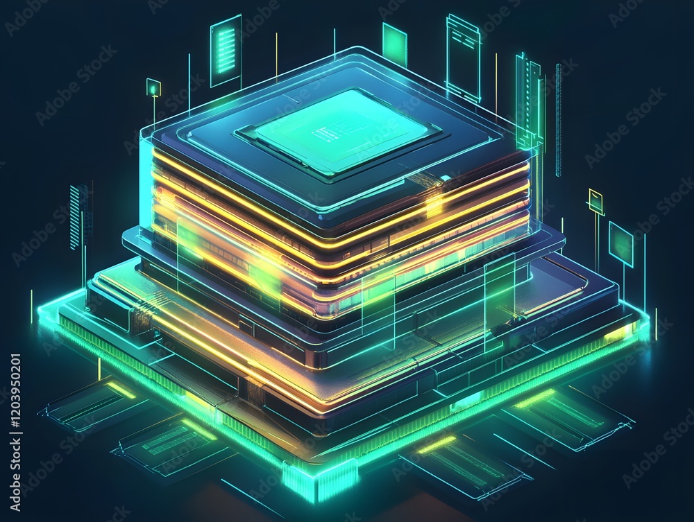 Poster futuristic representation of a microprocessor with glowing layers and digital elements depicting adv