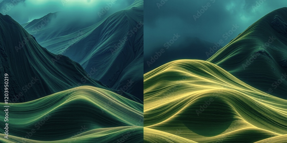 Poster the two images show a mountain range with green hills and a yellow line. the first image has a more 