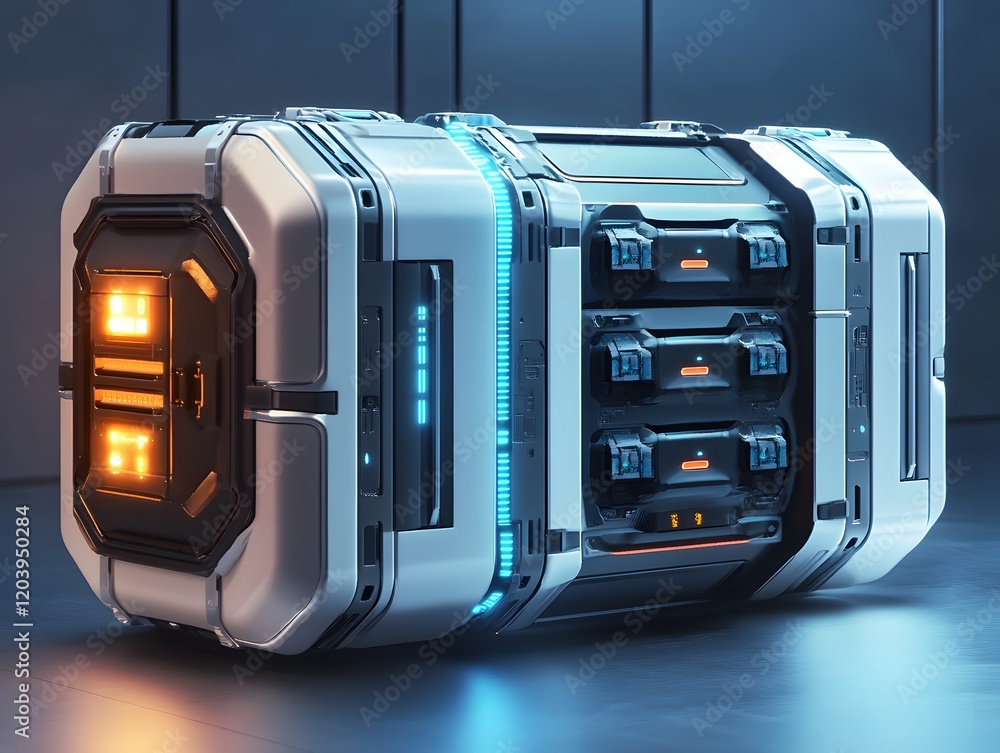Poster futuristic technological storage device with glowing lights and robust design for advanced applicati