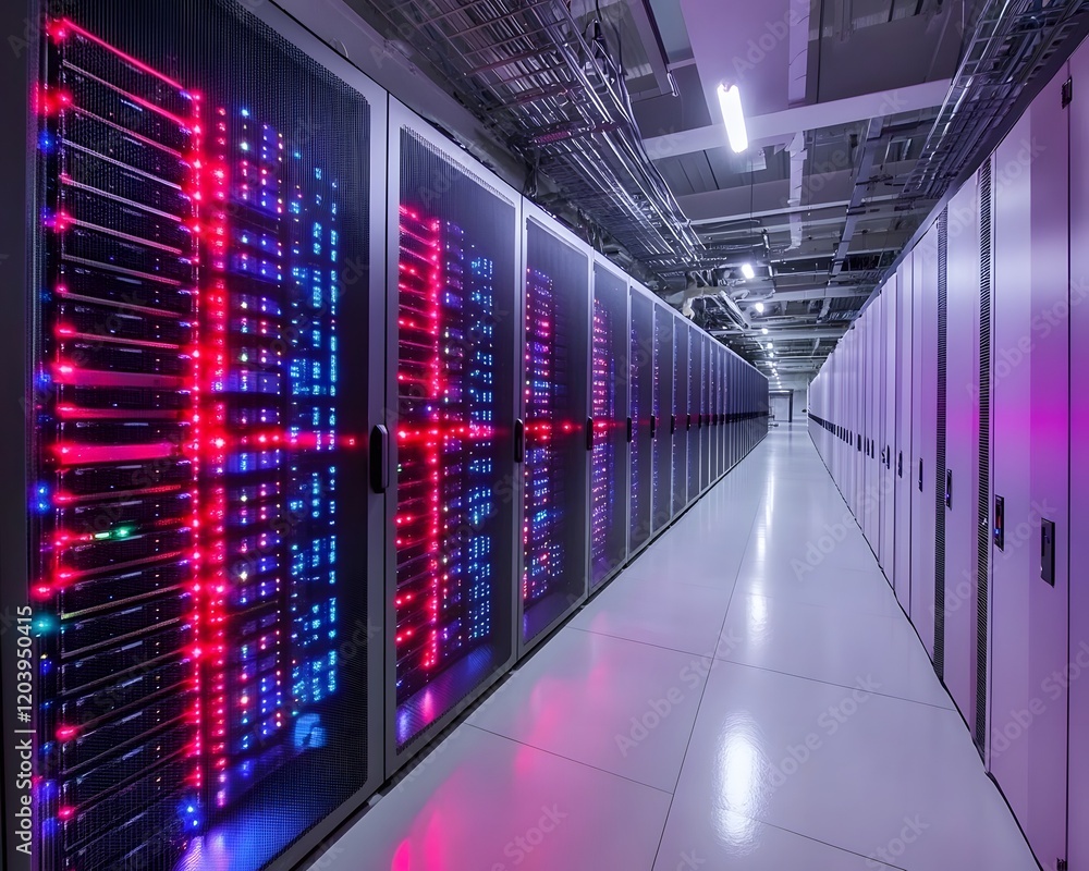 Poster modern data center showcasing advanced server technology and vibrant led lights.