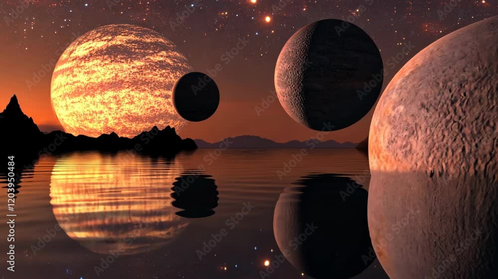 Wall mural surreal landscape with multiple planets reflected in a tranquil water body at twilight