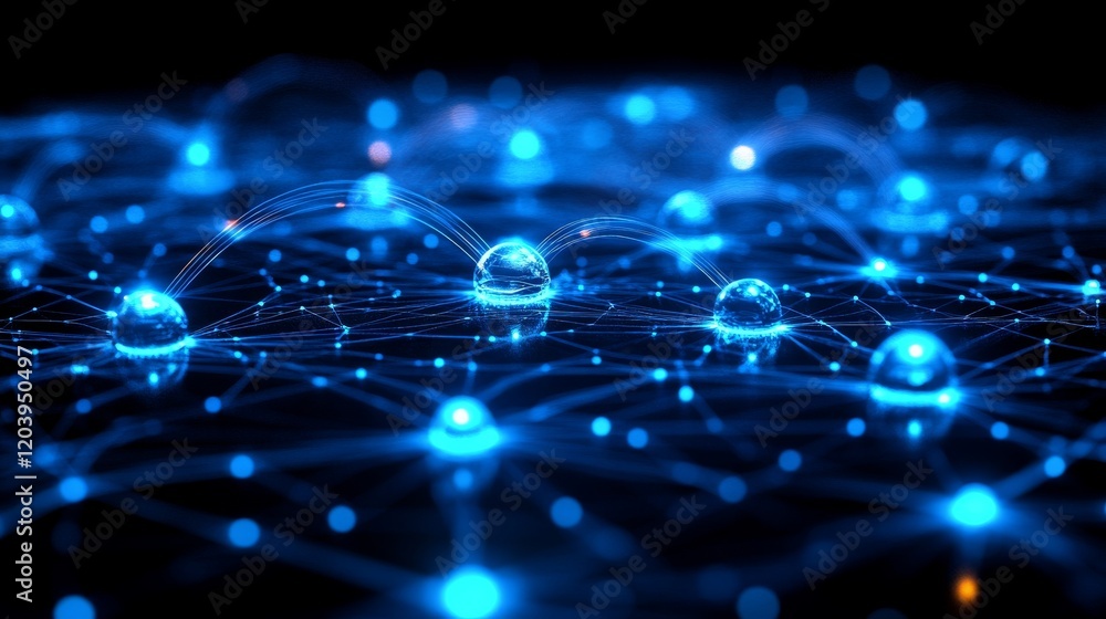 Aufkleber abstract network visualization with glowing blue spheres interconnected by lines on dark background 