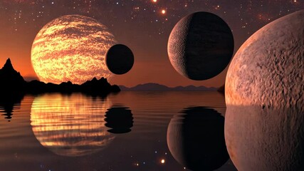 Surreal landscape with multiple planets reflected in a tranquil water body at twilight
