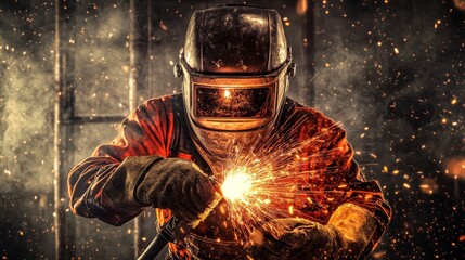A welder in protective gear and helmet, holding a welding torch and standing in front of a metal frame with visible welds and sparks, Construction site scene