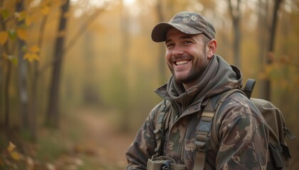 Obraz premium Smiling man in camouflage clothing enjoying a hike through a golden autumn forest, symbolizing adventure and outdoor exploration.