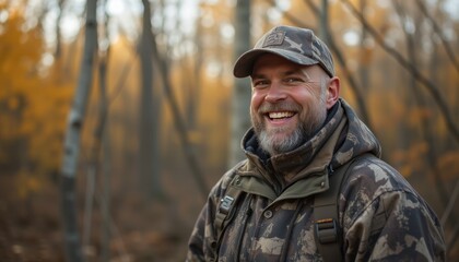 Obraz premium Smiling man in camouflage clothing enjoying a hike through a golden autumn forest, symbolizing adventure and outdoor exploration.