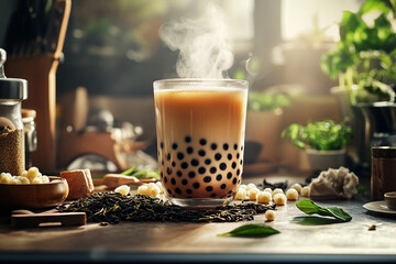 Cozy kitchen counter featuring a steaming glass of bubble tea with fresh ingredients and warm sunlight streaming in