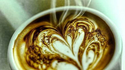 Steaming cup of coffee with heart shaped latte art for valentine's day