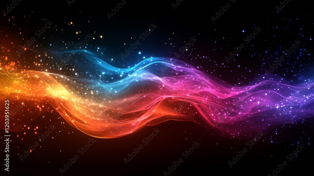 Poster abstract cosmic wave with vibrant colors and glittering stars flowing across a dark background creat