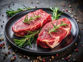 Raw Beef Steaks Rosemary Garnish Black Plate - Gourmet Meat Photography