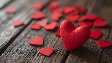 Fototapeta premium Valentine's Day background with red hearts on a wooden background. Generated by AI