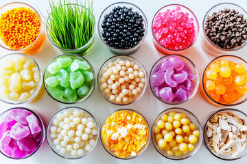Colorful assortment of bubble tea toppings displayed in cups for creativity and enjoyment