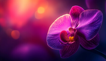 Fototapeta premium Vibrant close-up of a single purple orchid against a bokeh background. Perfect for spa, beauty, or wellness themes.
