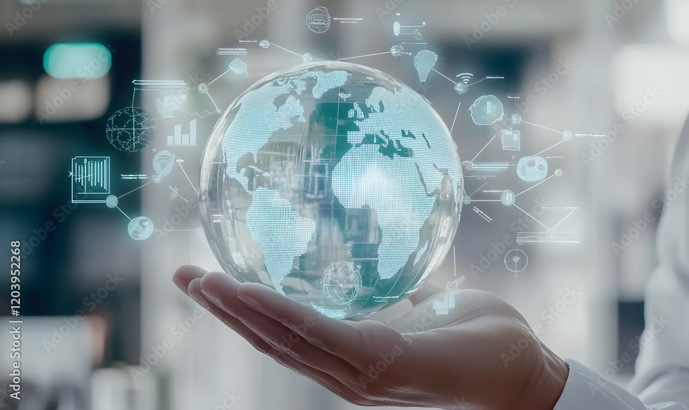 Poster global network concept. hands holding a digital earth globe, showcasing interconnected data and tech