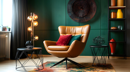 Elegant reading nook with a vintage armchair and ambient lighting.
