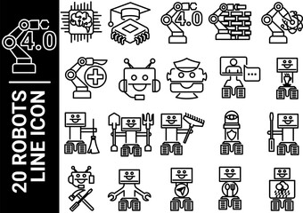 robots line icon, black and white