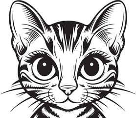 A cute cartoon illustration of a black and white cat head with big eyes, designed in a simple vector style, capturing the essence of a domestic feline pet in a clean silhouette portrait