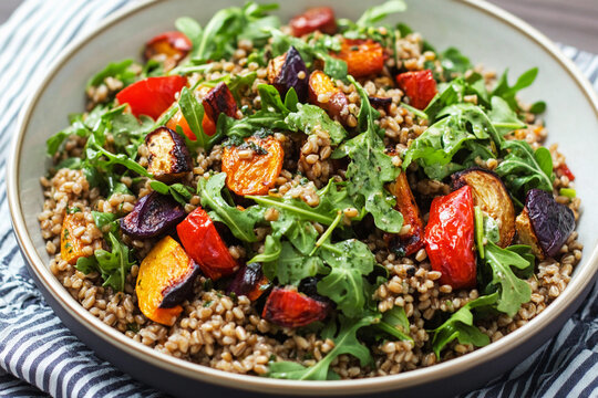 Hearty farro salad featuring roasted vegetables, served on a sunny afternoon in a relaxed outdoor setting