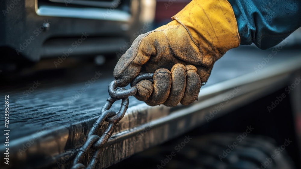 Poster detail of a gloved hand fastening a cargo chain hook, ensuring the load is stable and secure on the 