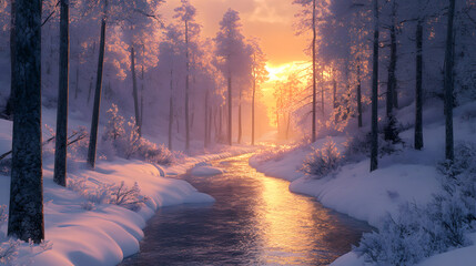 Tranquil Scenic View of a Snowy River Meandering Through a Serene Forest at Sunset with Beautiful Golden Hues