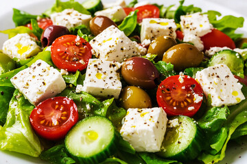 Fresh keto Greek salad with feta cheese and olives garnished with pepper and olive oil