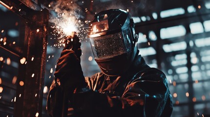 A welder in protective gear and helmet, holding a welding torch and standing in front of a steel beam with visible welding arcs, Construction site scene