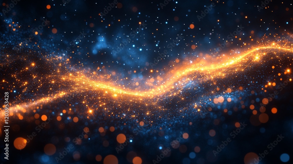 Poster abstract cosmic energy wave with glowing particles in a deep blue space digital background with boke