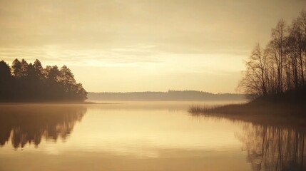 Fototapeta premium Calm lake sunrise, misty shore, tranquil nature scene, peaceful morning
