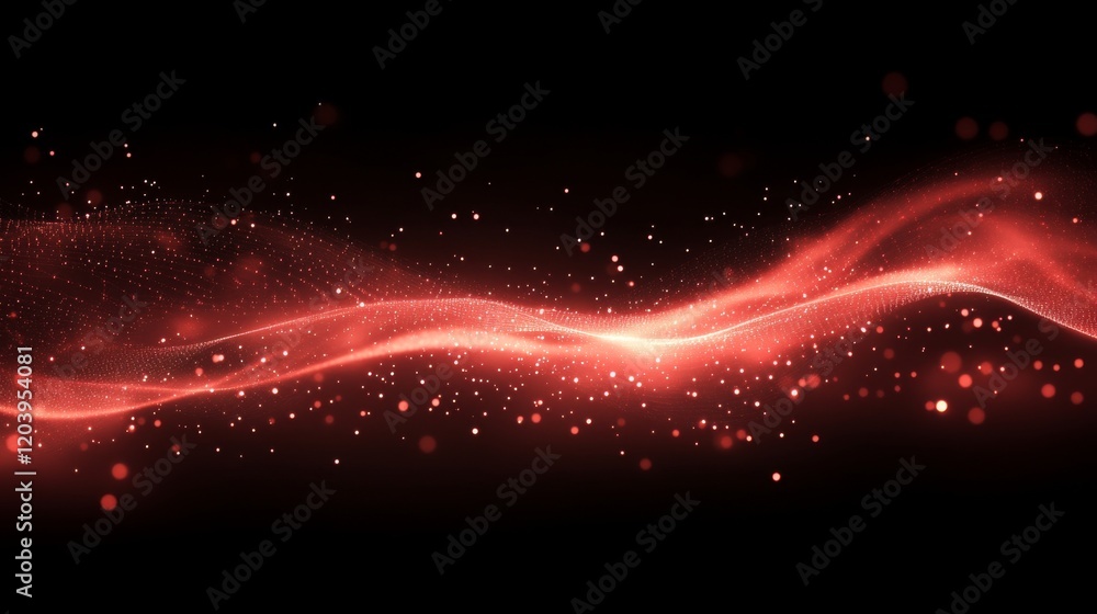 Poster abstract red wave with sparkling particles on dark background for modern design