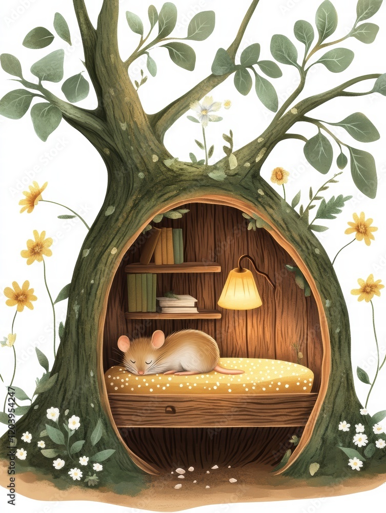 Poster cozy mouse nest inside an enchanting tree with books, flowers, and warm light in a serene forest set