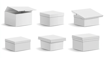 Six Blank White Cardboard Boxes Various Sizes Open Closed