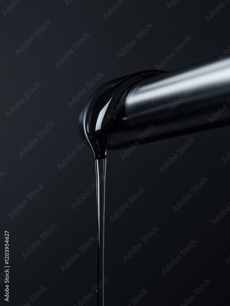 Poster dark liquid flowing from a sleek metallic pipe against a black background in a modern setting. gener