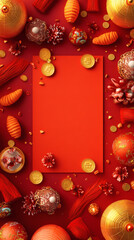 Golden coins and tassels framing a blank red banner