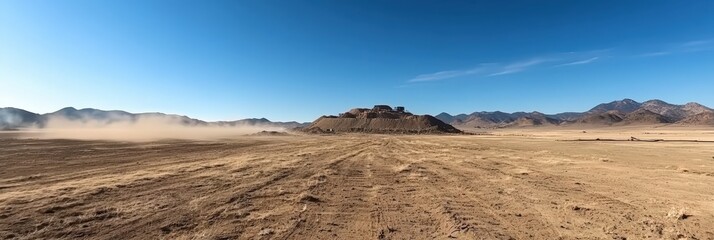 Wide Shot of Open Desert Landscape with Mountains Under Clear Blue Sky, Capturing the Vastness of Nature's Beauty and Serenity in a Dramatic Scene