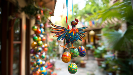 A colorful hanging decoration with a chicken and eggs. The chicken is holding the eggs in its beak