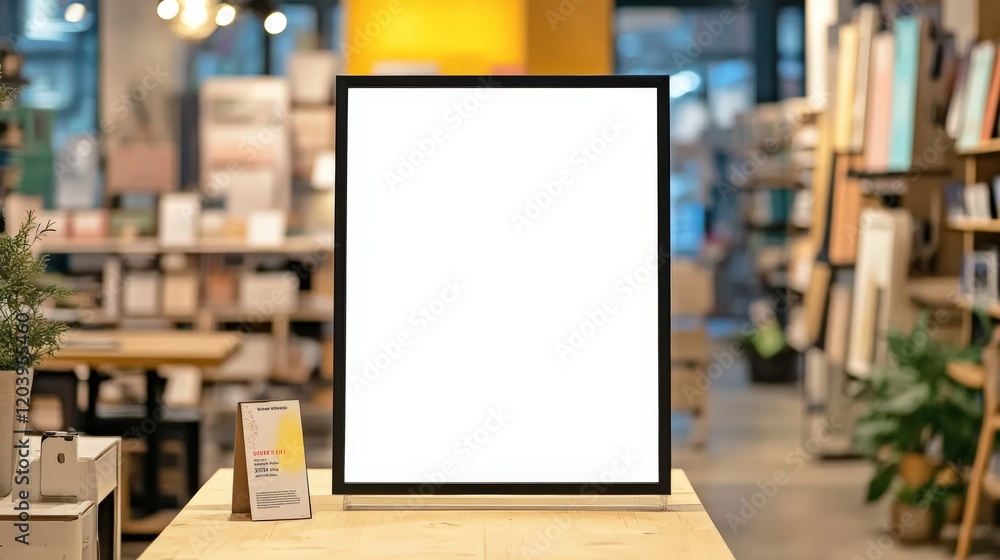 Aufkleber empty white a4 frame on display in modern art gallery surrounded by bookshelves and soft lighting fo
