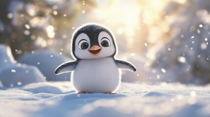 A beautiful penguin baby walking in snow area.