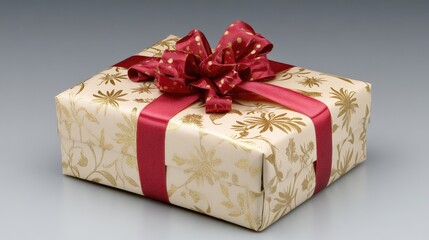 Obraz premium A beautifully wrapped Valentine's Day gift with gold accents and a red ribbon, placed on a neutral surface with enough room for copy.