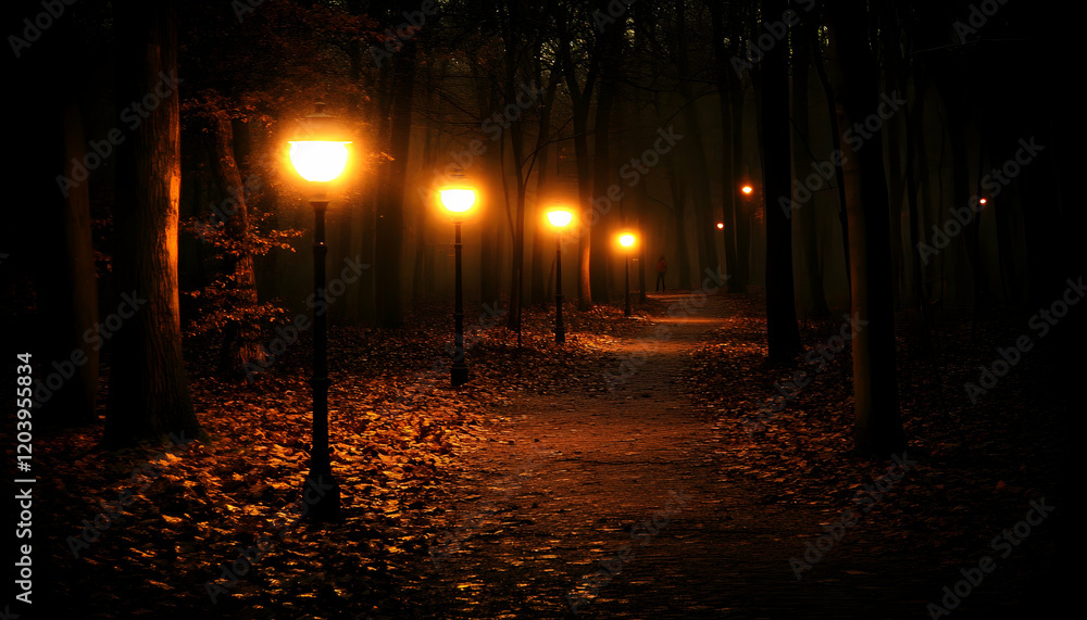 Poster enchanting autumn evening path illuminated by warm lamplight in a dark forest, creating a mysterious