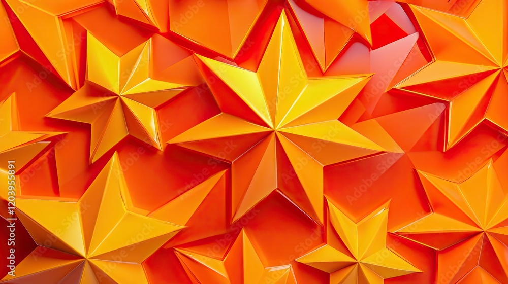 Poster a bold d pattern with intricate facets and triangular shapes in bright orange and yellow, creating a