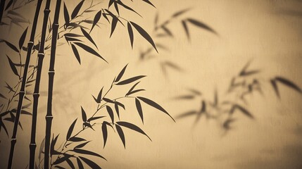 peaceful Asian-inspired design with bamboo leaves curving gently over a light background, conveying calmness. Bamboo leaves 